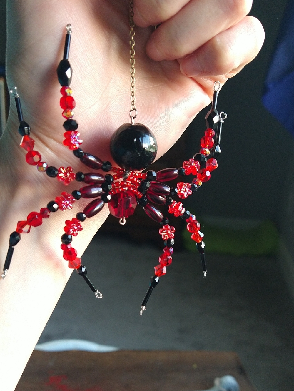 Hand Crafted • Red & Black Beaded Spider Pendant